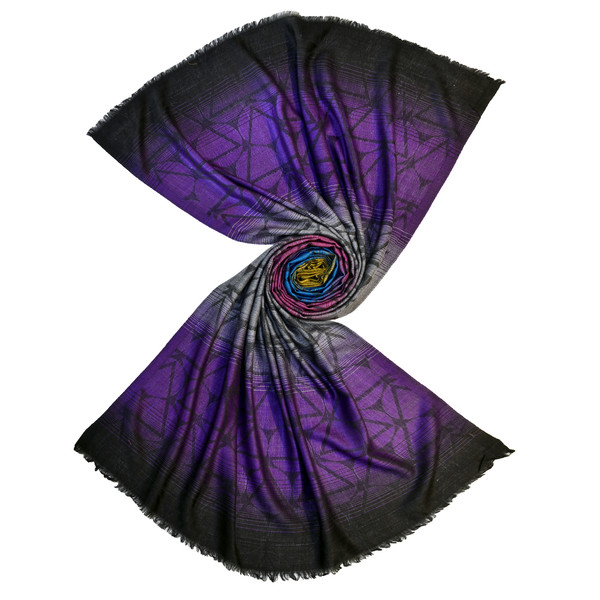 Black purple geometric pattern scarf made from silk pashmina