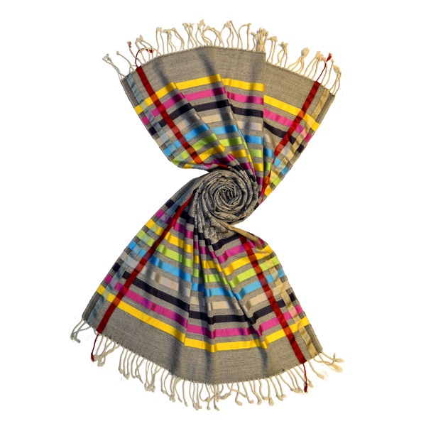 black paisley scarf with shiny silk stripes by scarf manufacturer in india