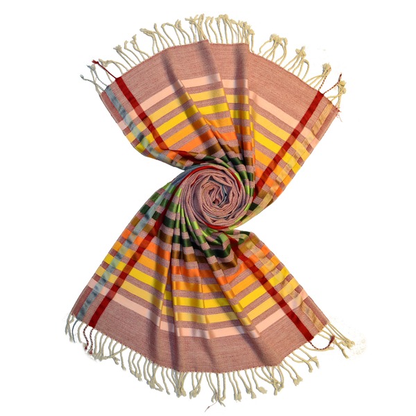 red merino wool scarf with shiny silk stripes by scarf manufacturer in india