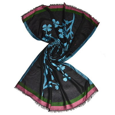 black modal scarf with decorative blue floral design