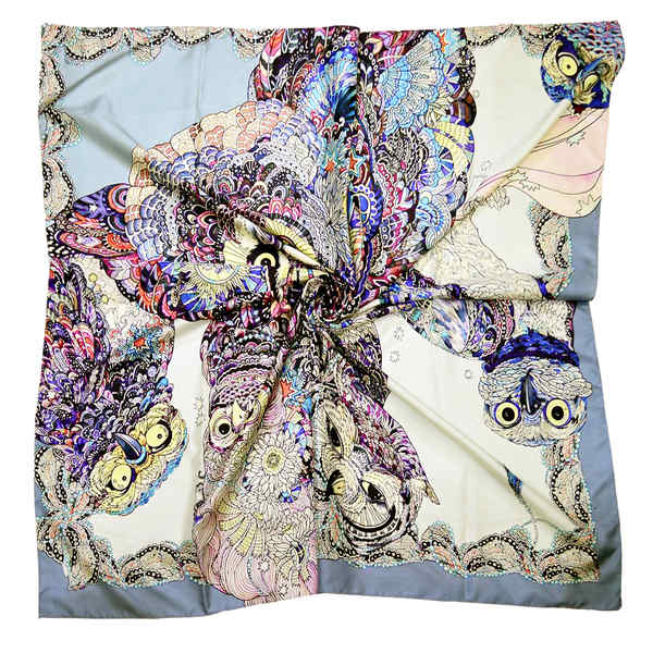 Owl bird pattern square silk head scarf for women